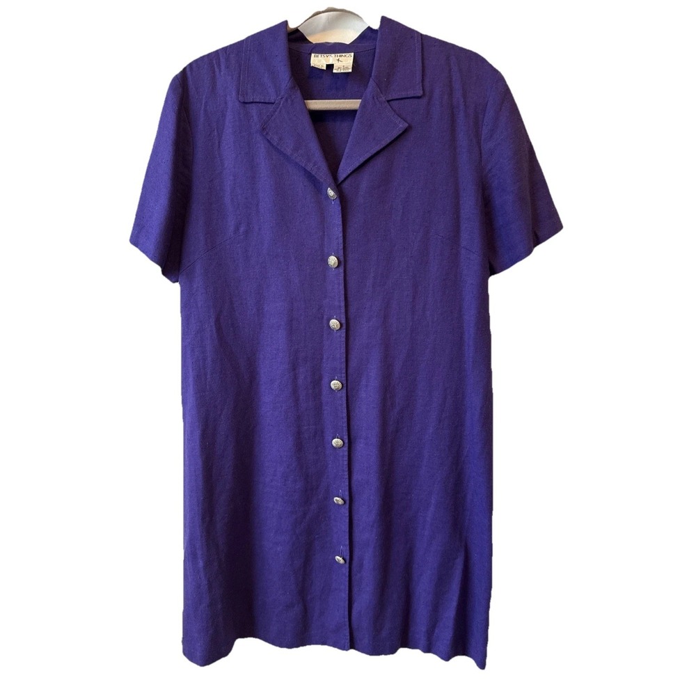 Vtg 90's Betsy's Things Linen Blend Deep Purple Button Up Dress 8 Quiet Luxury